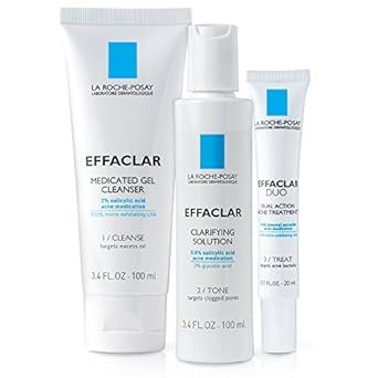 La Roche-Posay Effaclar Dermatological 3 Step Acne Treatment System, Salicylic Acid Acne Cleanser, Pore Refining Toner, and Benzoyl Peroxide Spot Treatment for Sensitive Skin, 2-Month Supply