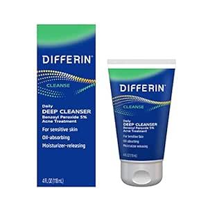Differin Acne Face Wash with 5% Benzoyl Peroxide, Daily Deep Cleanser by the makers of Differin Gel, Gentle Skin Care for Acne Prone Sensitive Skin, 4 oz (Packaging May Vary)