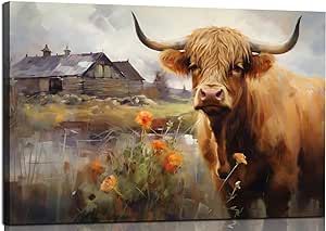Highland Cow Wall Art Decor Cow Pictures for Living Room Farmhouse Canvas Painting Modern Western Art Print Rustic Animal Artwork for Bedroom Home Office Decorations, Ready to Hang(24"?36")