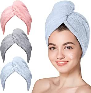 Hicober Microfiber Hair Towel, 3 Packs Hair Turbans for Wet Hair, Drying Hair Wrap Towels for Curly Hair Women Anti Frizz