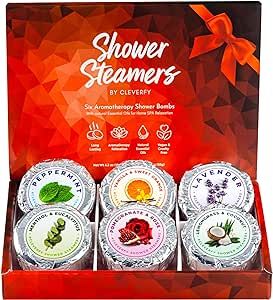 Cleverfy Shower Steamers Aromatherapy - Compact Pack of 6 Variety Shower Bath Bombs with Essential Oils. Self Care Christmas Gifts for Women and Stocking Stuffers for Adults and Teens. Red Set